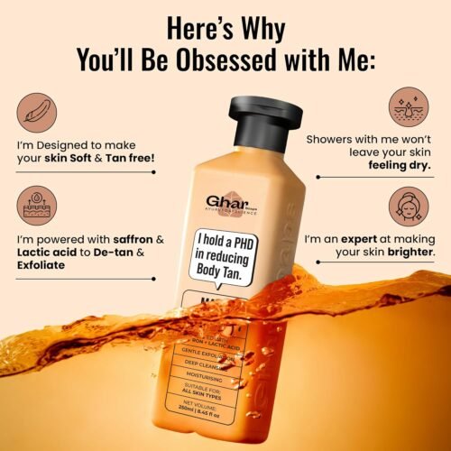 Ghar Soaps Magic De-Tan body wash for tan removal 250ml | Exfoliating with Saffron, Lactic Acid & Niacinamide | Detan body wash | Removes Tan & Evens Skin Tone | Paraben & SLS Free